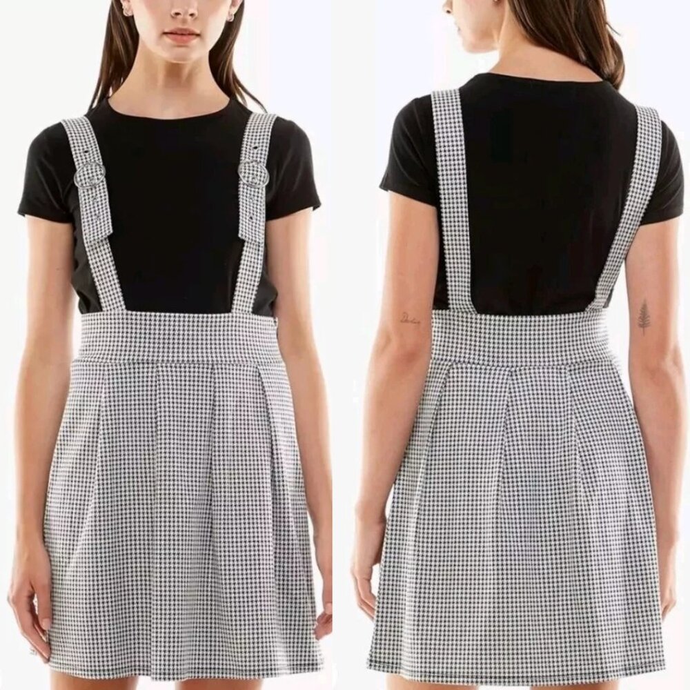 Planet Gold Womens Plaid Houndstooth Skirt  Black White Size Large Strap EUC